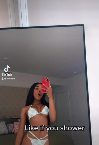 2. Attractive Teala Dunn Shows Cleavage in Checkered Bikini (Underboob)