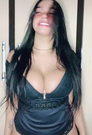 Cute Karniello Shows Cleavage in Black Lingerie and Bouncing Boobs