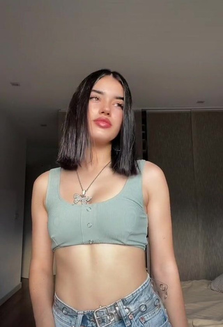 1. Pretty Kiara Brunett in Olive Crop Top