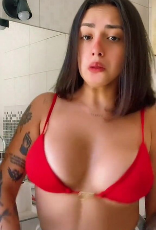 Cute Vitoria Marcilio Shows Cleavage in Red Bikini Top and Bouncing Tits