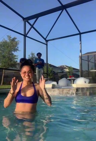 1. Beautiful Carly Sarah Shows Cleavage in Sexy Blue Bikini Top at the Swimming Pool