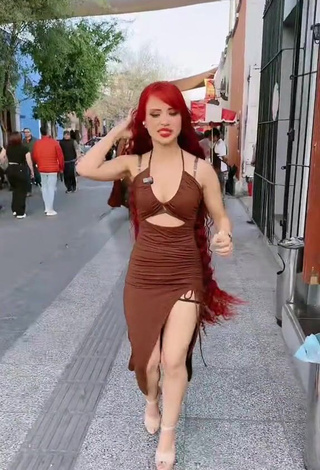 Irresistible Bella Dueñas Shows Cleavage in Brown Dress in a Street