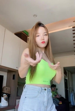 Amazing Dasuri Choi Shows Cleavage in Hot Light Green Crop Top