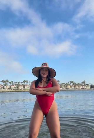 Erotic Ingrid Ohara Shows Cleavage in Red Swimsuit