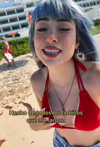 3. Sweet Legna Hernández Shows Cleavage in Cute Red Bikini Top at the Beach (Side Boob)