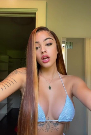 Sweet Malu Trevejo Shows Cleavage in Cute Blue Bikini Top